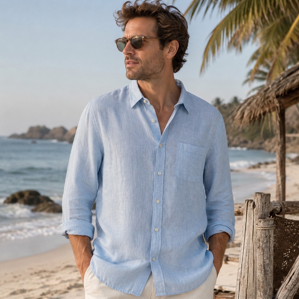 Fabindia Mens Linen Button Front Shirt Sz 38 M Light Blue Long Sleeve Coastal